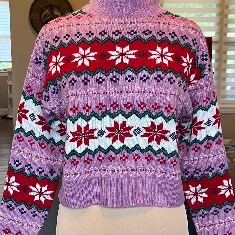 33 DEGREES Holiday Argyle Sweater Size XS X-Small High Neck Cropped Soft Fuzzy - Picture 2 of 11
